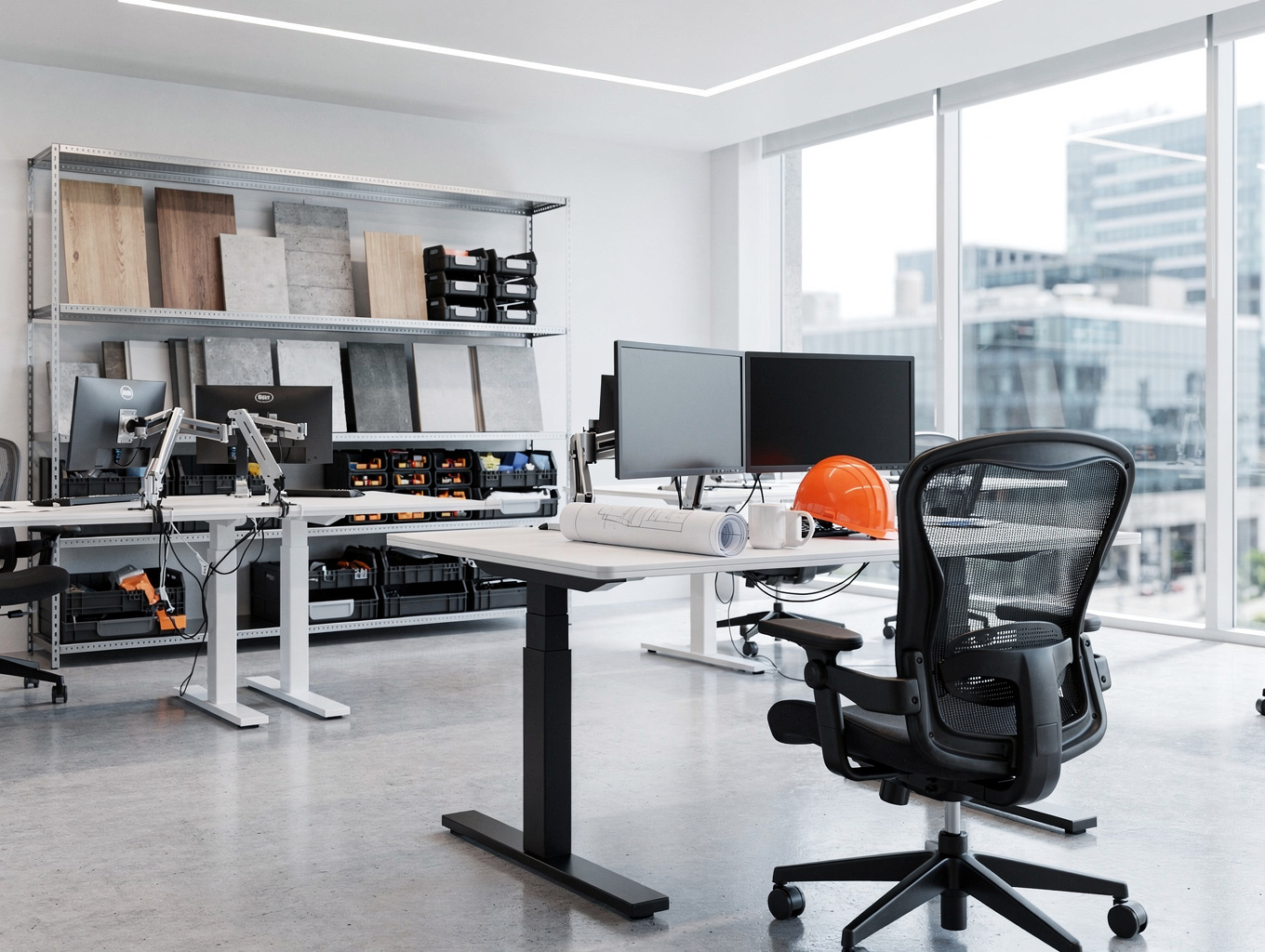 Modern office showroom with ergonomic furniture and solid oak desk