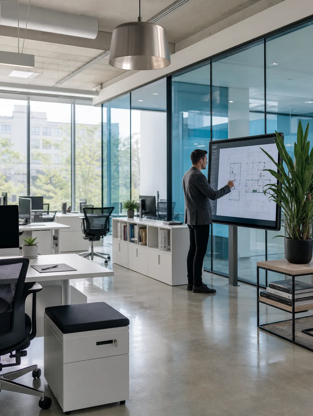 Modern architectural workspace featuring modular walnut desks and ergonomic seating