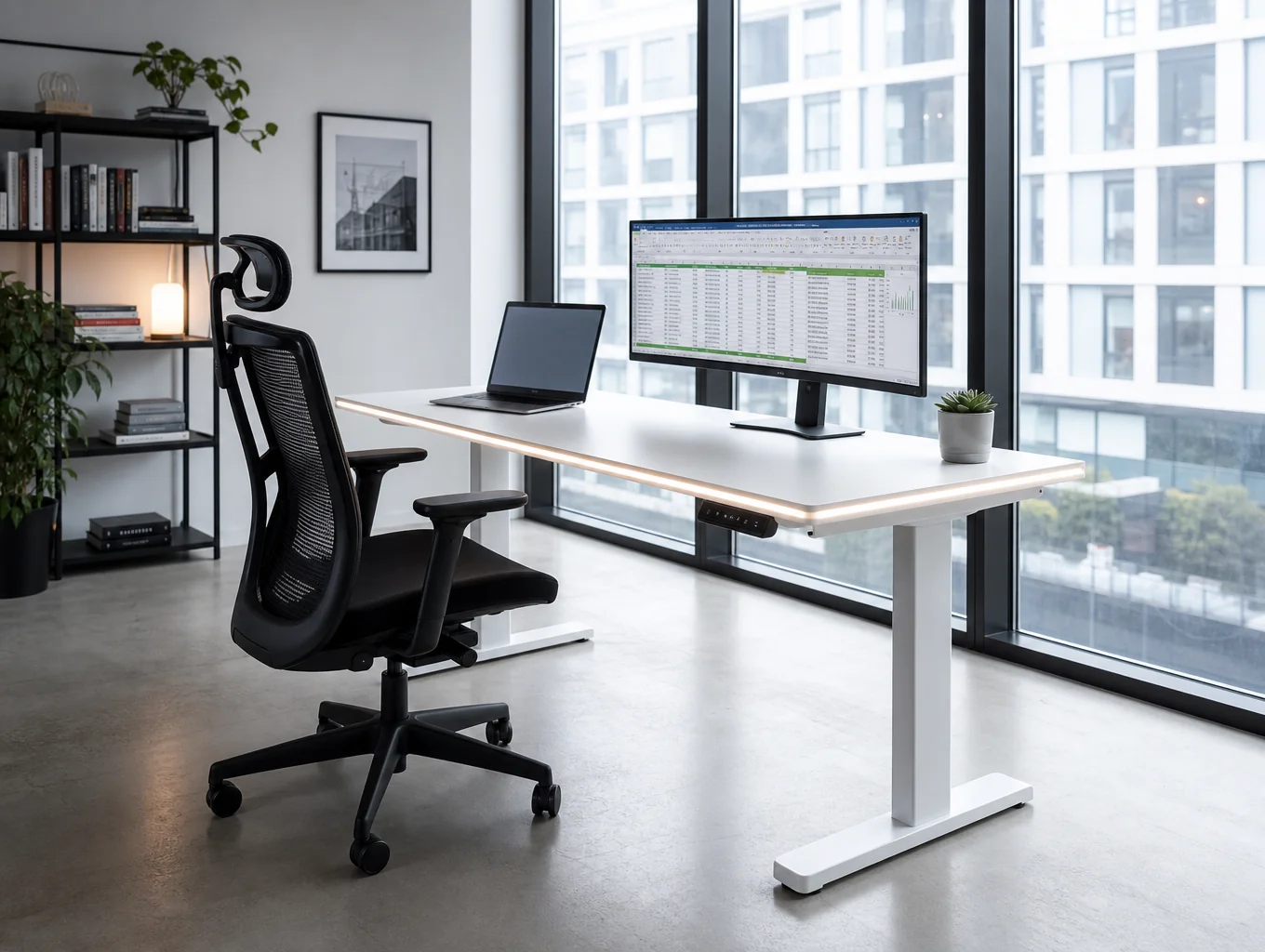 Modern workstation with electric standing desk, ergonomic chair, and acoustic dividers